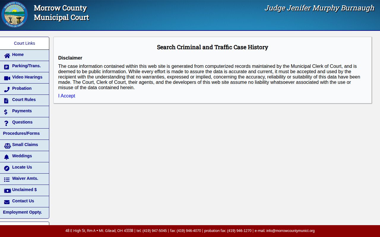 Morrow County Municipal Court release record search entry