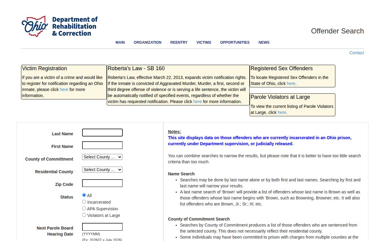 ODRC Morrow County released inmate search fields